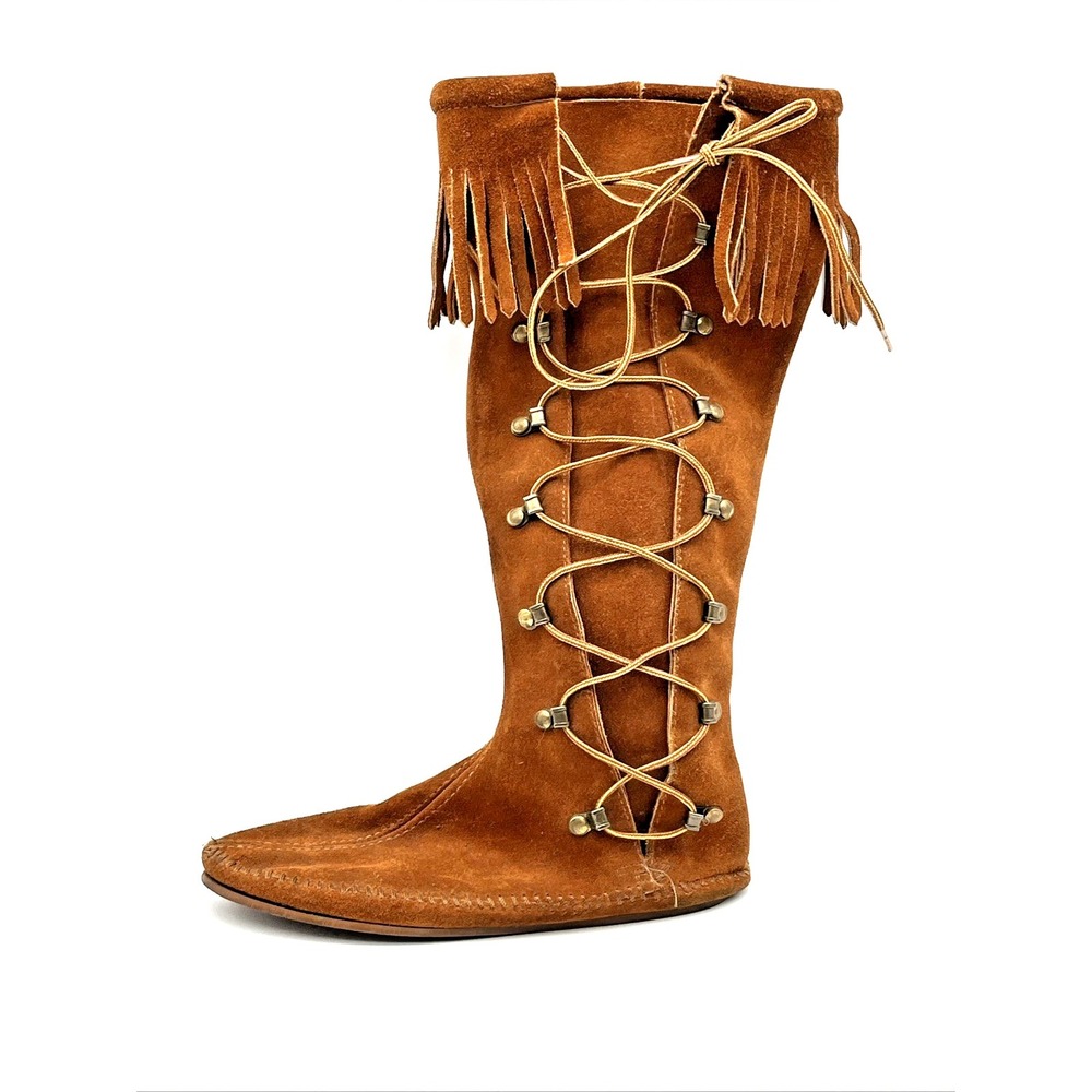 Minnetonka Women's Side Lace Knee High Fringe Suede‎ Moccasin Boots Brown 6